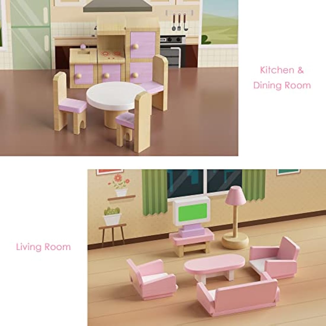 Lawcephun 22-Piece Wooden Dollhouse Furniture Set, 1:12 Scale Pink Kit