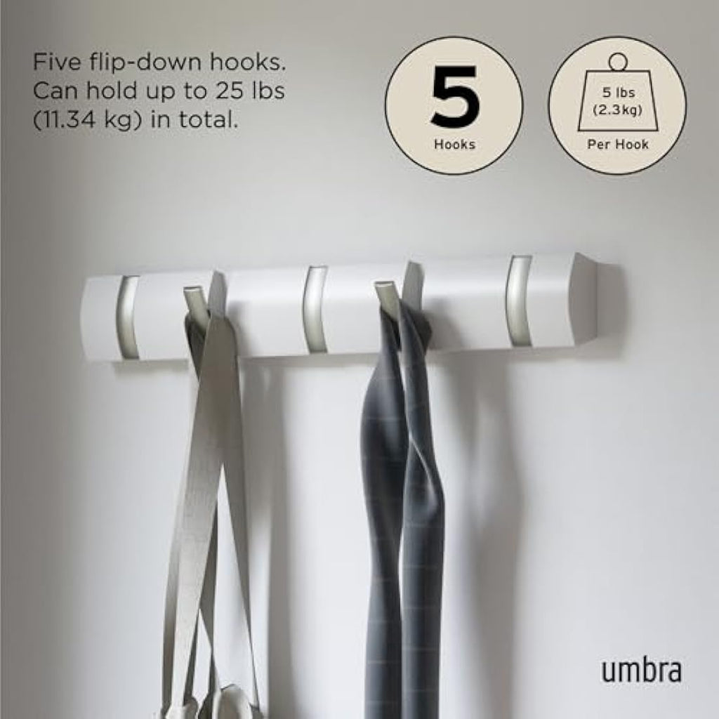 Umbra Flip 5-Hook Wall Mounted Coat Rack – Modern White/Nickel Hanger