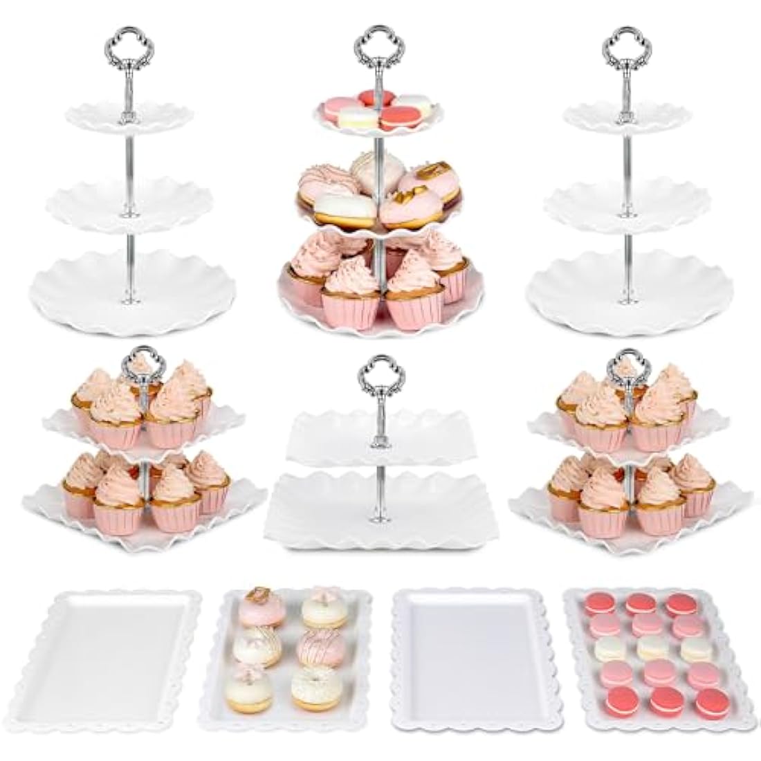 NWK 10-Piece Silver Cupcake Stand Set – Plastic Dessert Display Trays