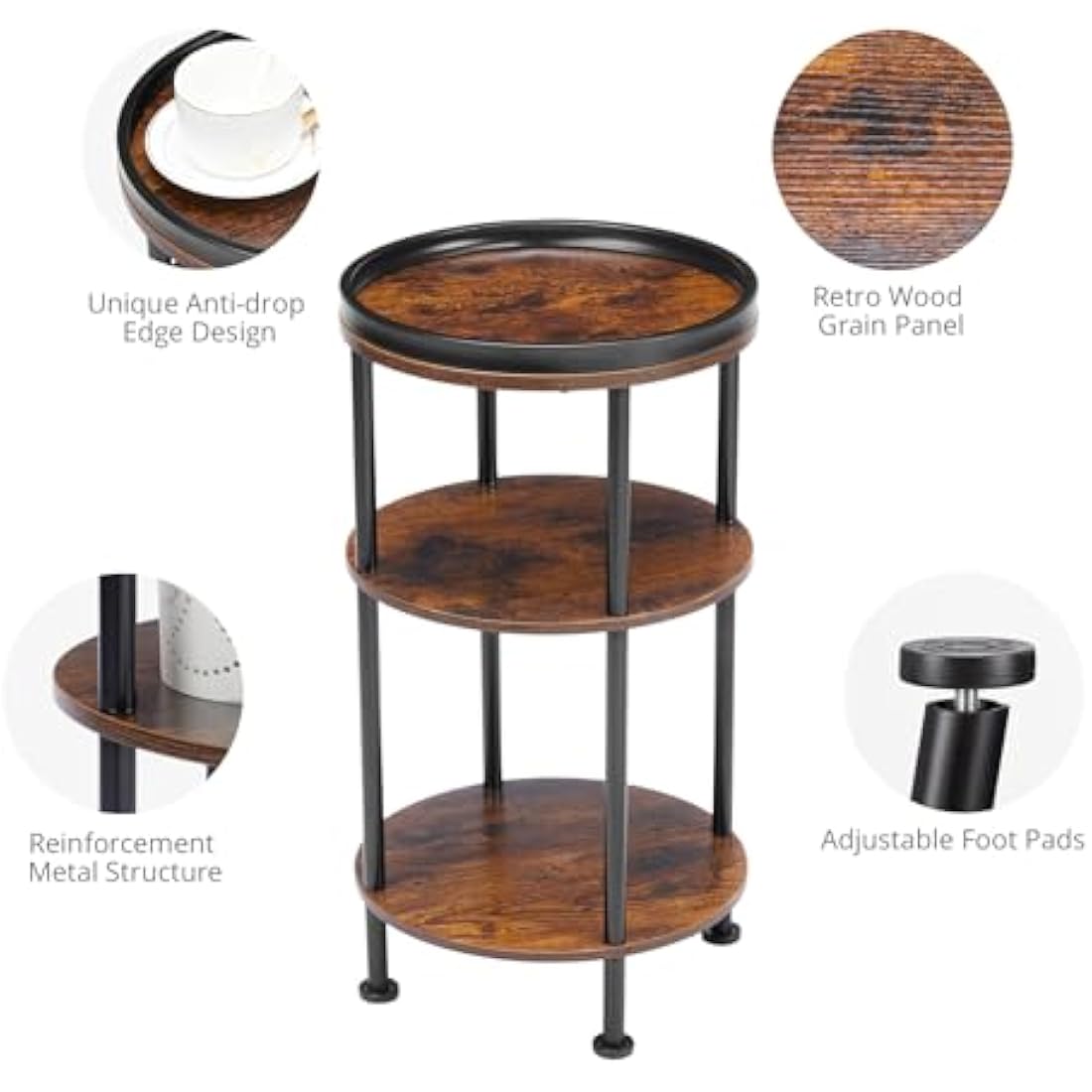 YEAKOO 3-Tier Round Side Table – Rustic Brown Industrial End Table