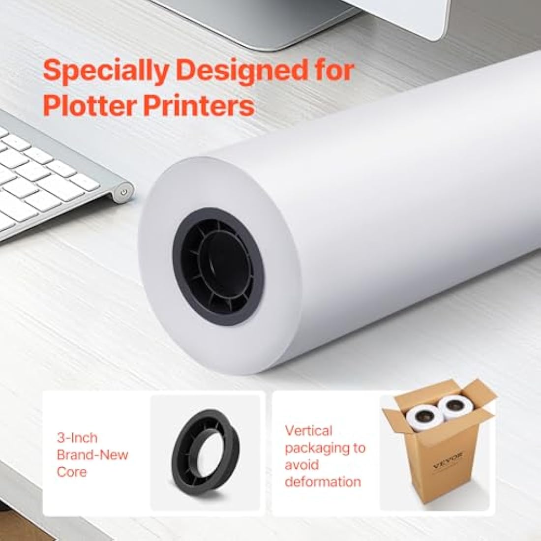 VEVOR 24" x 500' Plotter Paper | 20 LB CAD Bond Rolls with 3" Core, 2 Pack