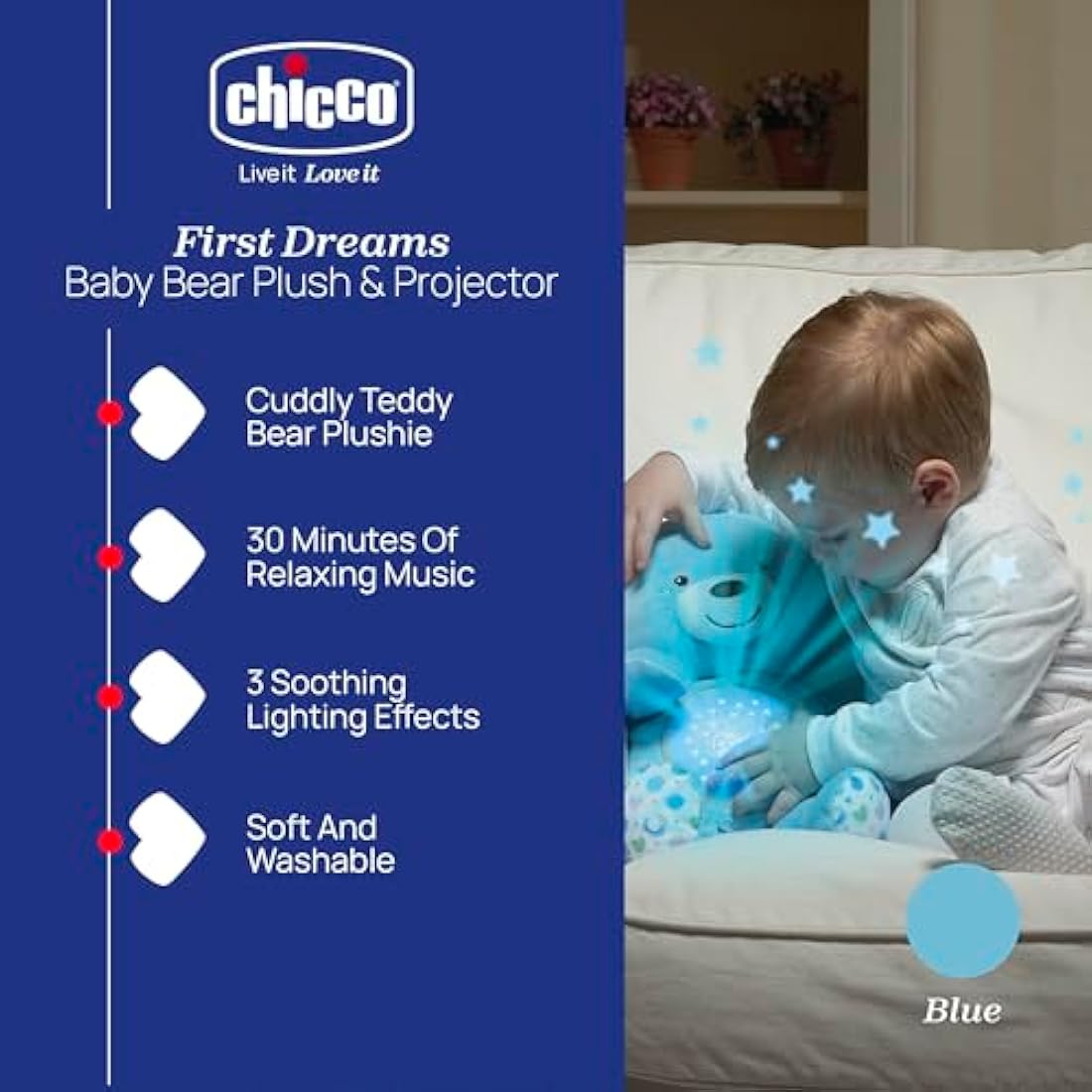 Chicco First Dreams Baby Bear - Musical Night Light Projector, Blue