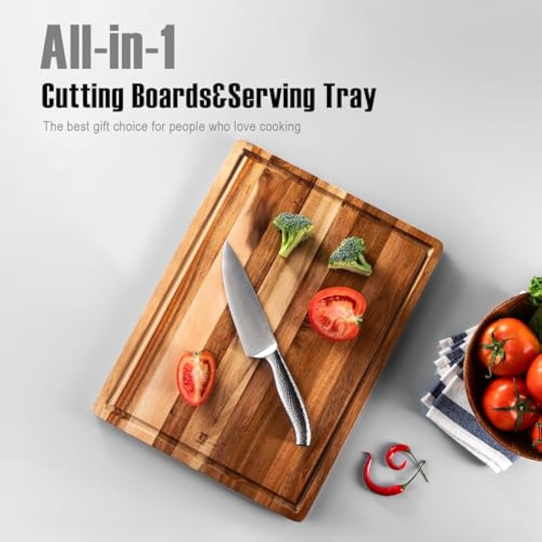 James.F Acacia Wood Chopping Board | Reversible Serving Board with Juice Groove
