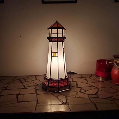Bieye Lighthouse Tiffany Style Stained Glass Accent Table Lamp - 12" H