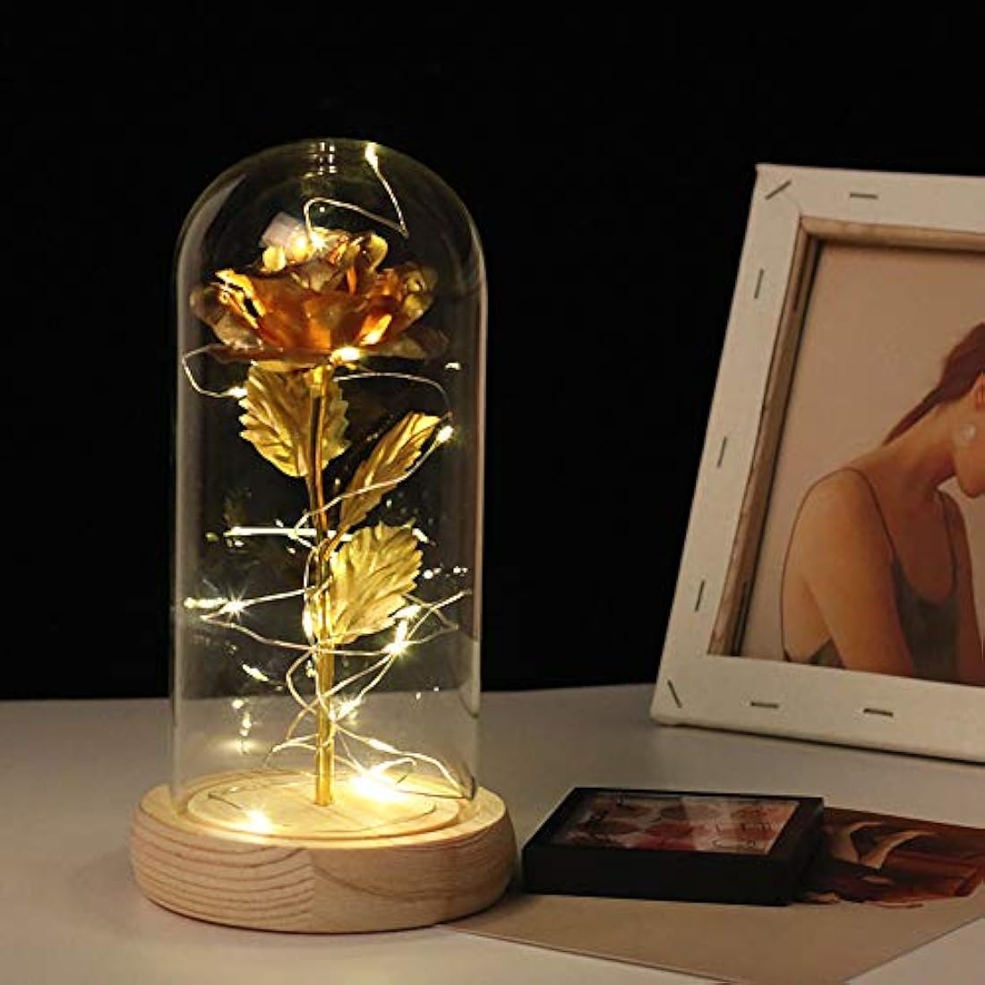 TINYOUTH 24K Gold Plated Rose in Glass Dome | LED Light Up Flower Gift