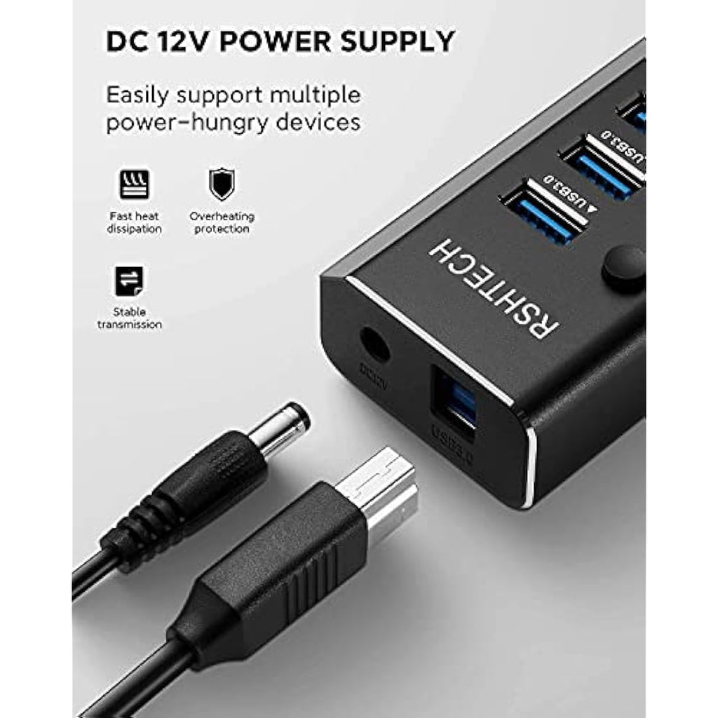 RSHTECH 10-Port Powered USB 3.0 Hub | Aluminum Data Hub with 12V Adapter