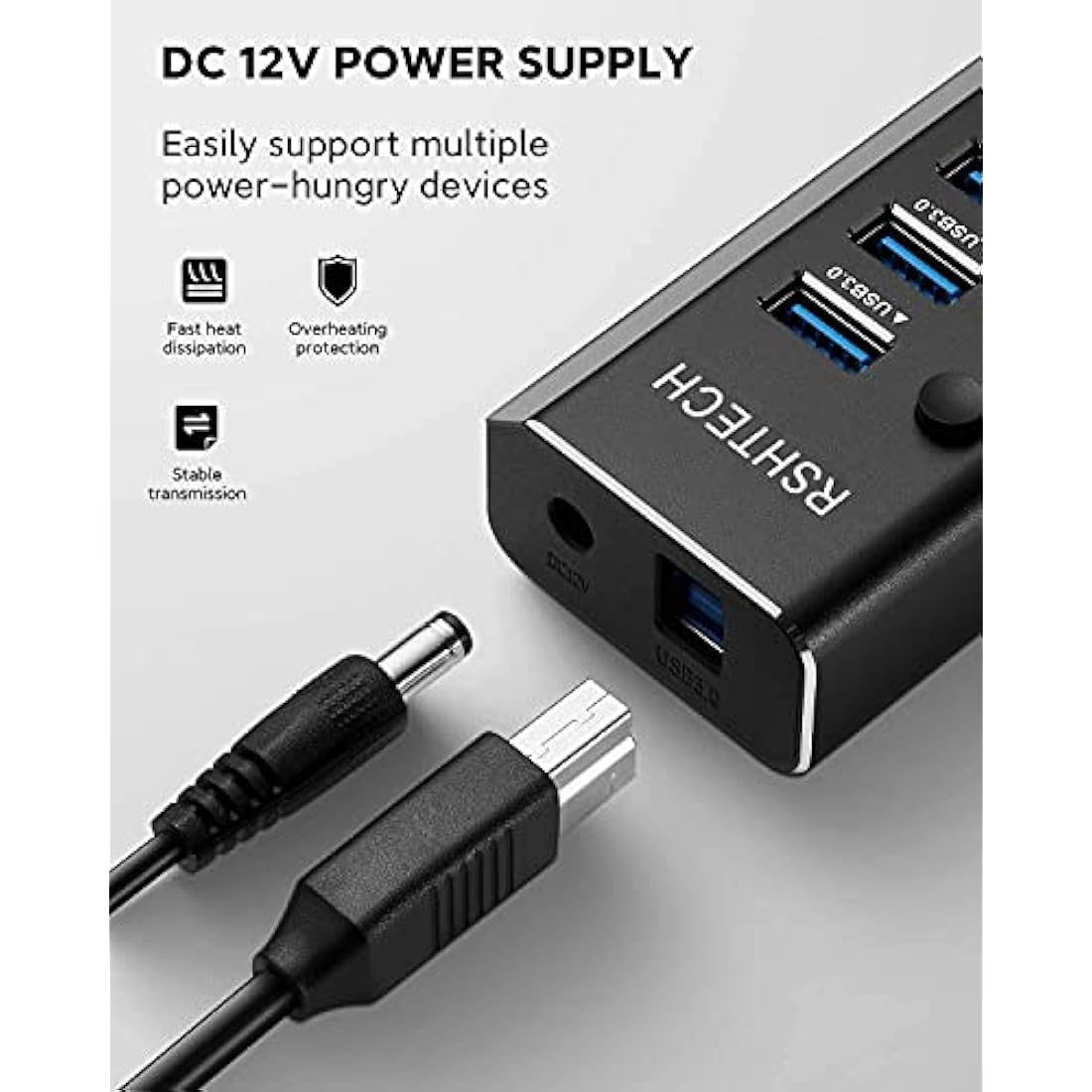 RSHTECH 10-Port Powered USB 3.0 Hub | Aluminum Data Hub with 12V Adapter