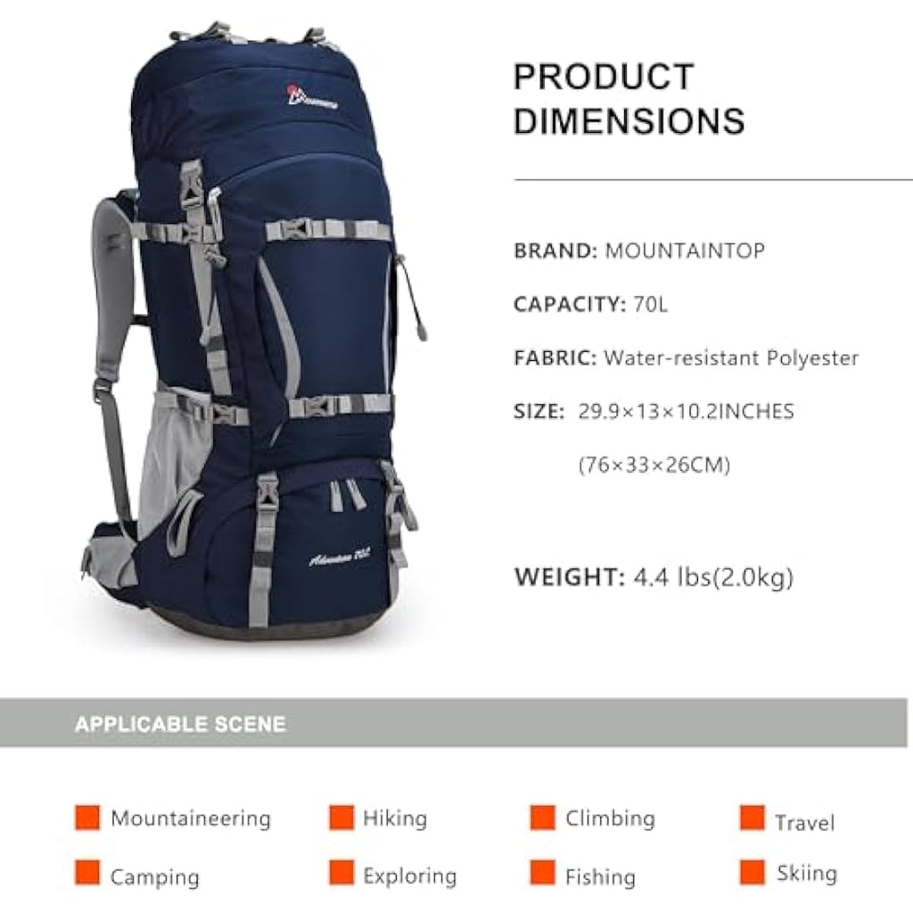 Mountaintop 70L Hiking Backpack – Internal Frame Water-Resistant Rucksack