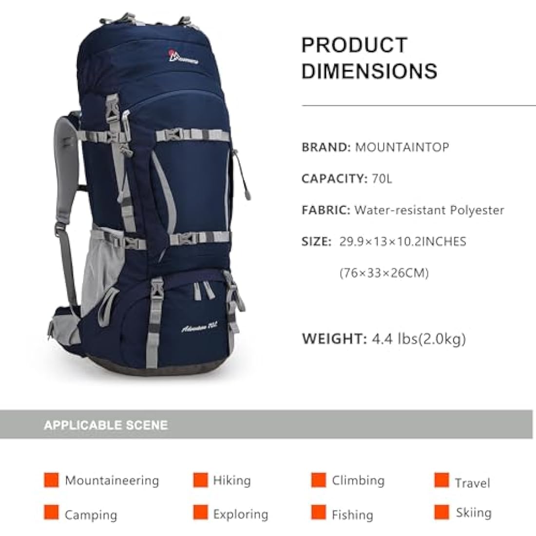 Mountaintop 70L Hiking Backpack – Internal Frame Water-Resistant Rucksack