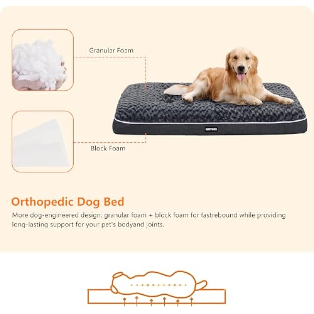 HMTOPE Orthopaedic Dog Bed – Washable Fleece Cushion, Dark Grey, 105cm