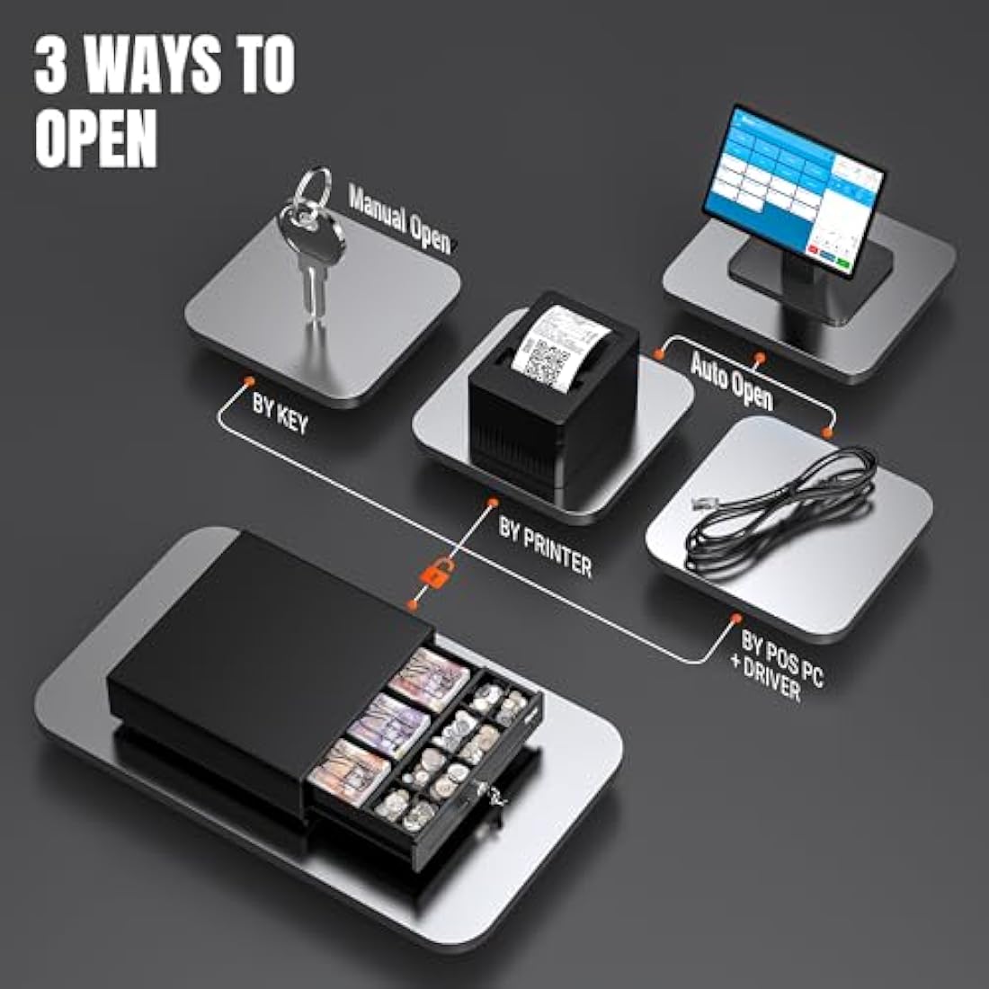 Tera 13" Cash Register Drawer | 3 Bill 8 Coin Tray with 6 Keys & RJ12