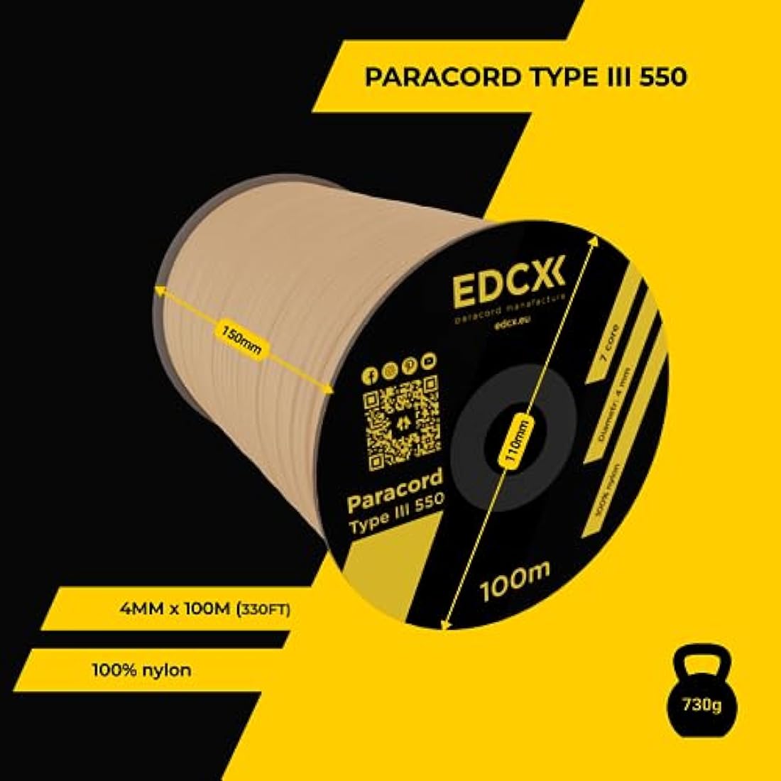 EDCX 550 Paracord – 4mm Type III 7-Strand Nylon Rope for Camping & DIY