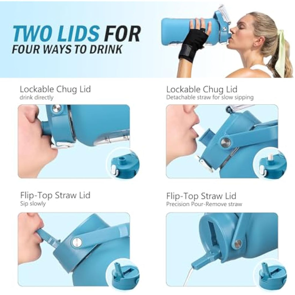 HYDRAGLAZIC 2L Glass Water Bottle | 2 Lids & Silicone Sleeve - Blue