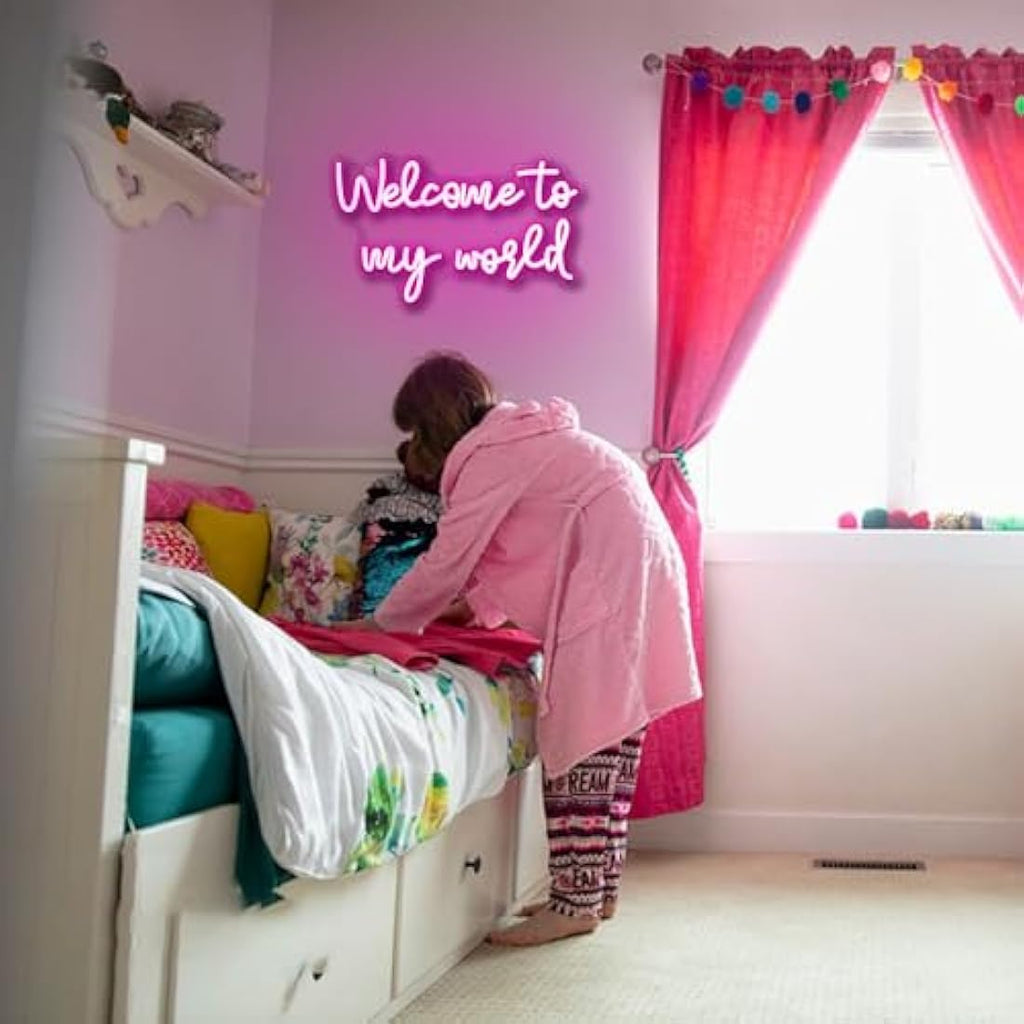 LUCUNSTAR Welcome To My World Neon Sign – Pink LED Wall Decor for Bedroom