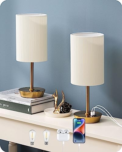 EDISHINE Touch Table Lamps Set of 2 | Gold Dimmable USB Bedside Lamps