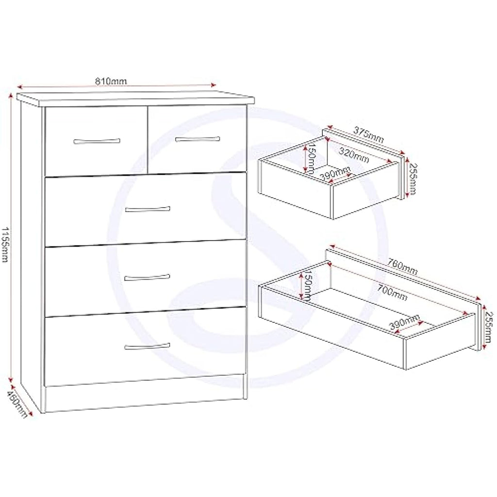 Seconique Nevada 3+2 Drawer Chest – White High Gloss Bedroom Dresser