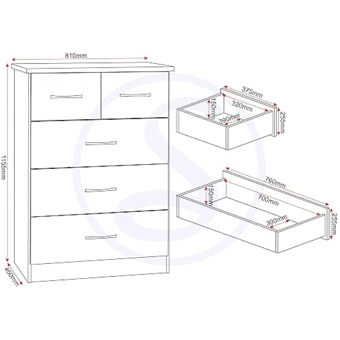 Seconique Nevada 3+2 Drawer Chest – White High Gloss Bedroom Dresser