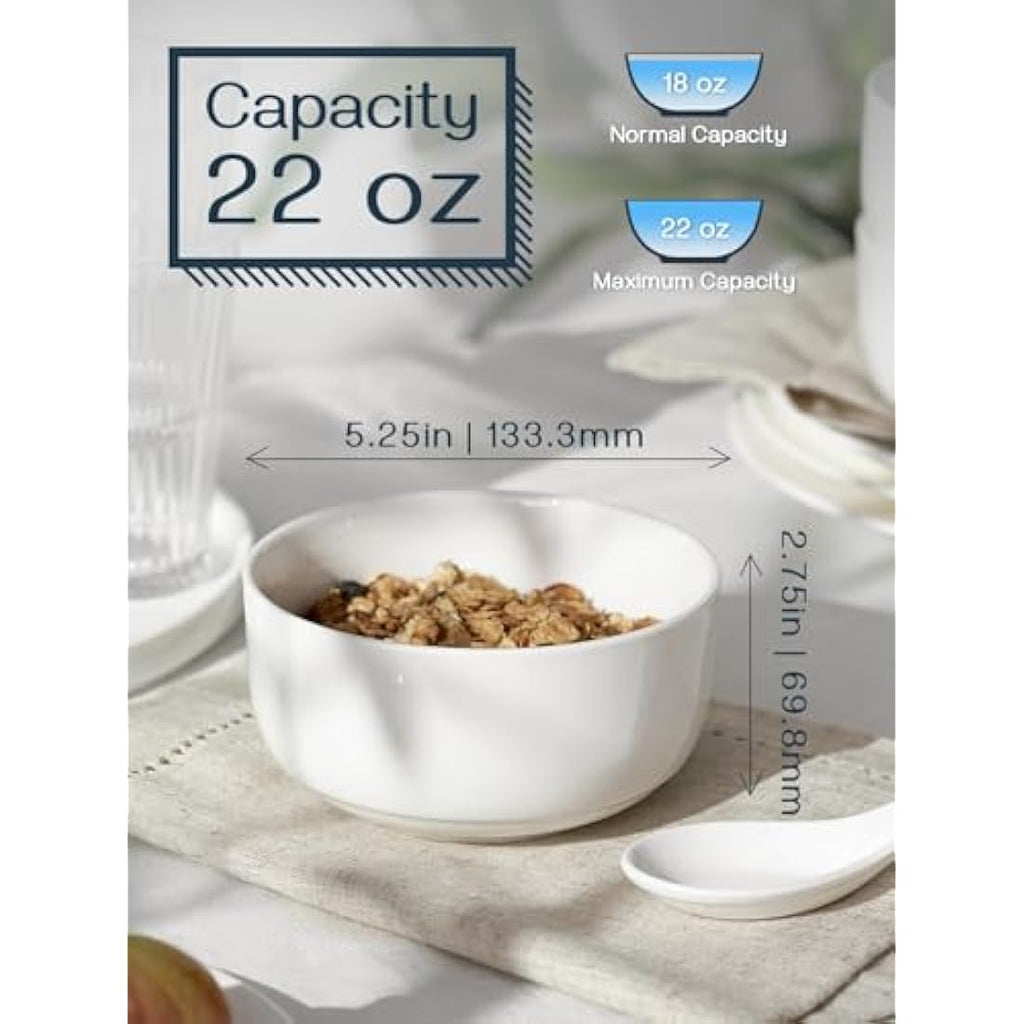 DOWAN 650ml White Porcelain Cereal Bowls | Set of 6 Stackable Soup Bowls