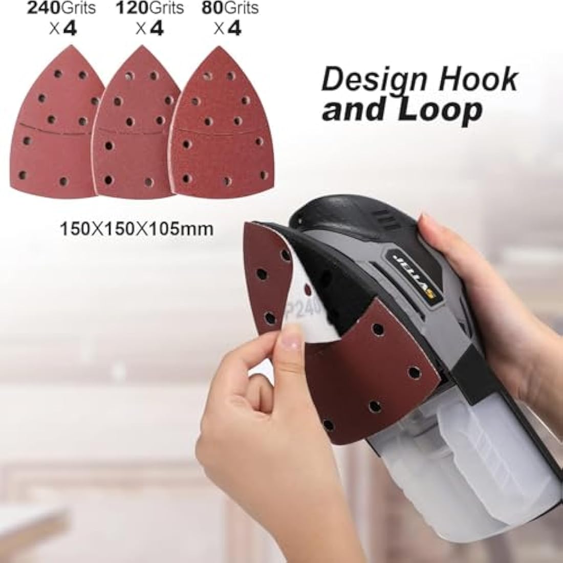 JELLAS Detail Mouse Sander – 220W Compact Wood Sander with 16 Sandpapers