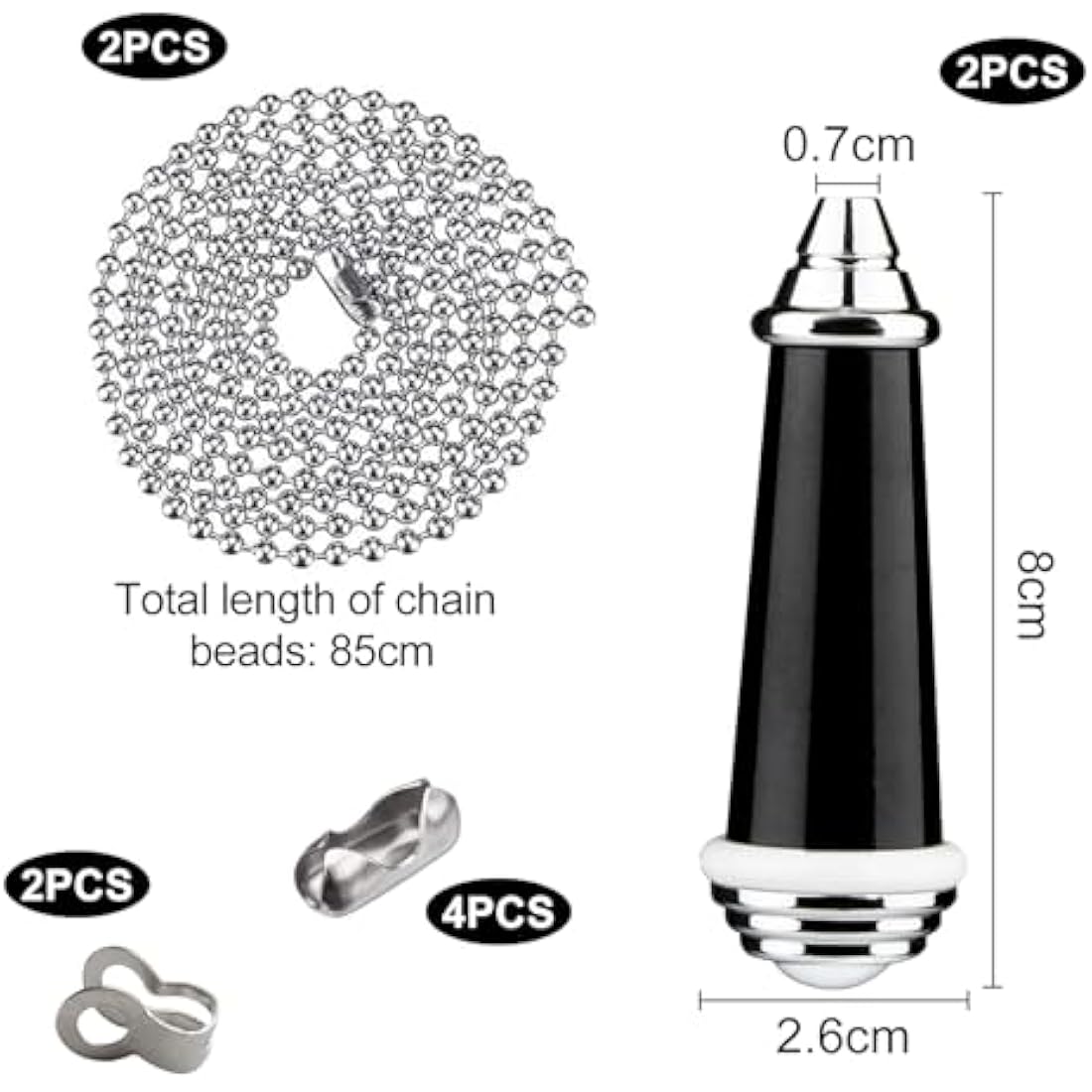 Jolof Store 2Pcs Light Pull Chain Extension - 85cm Black Chrome Handle