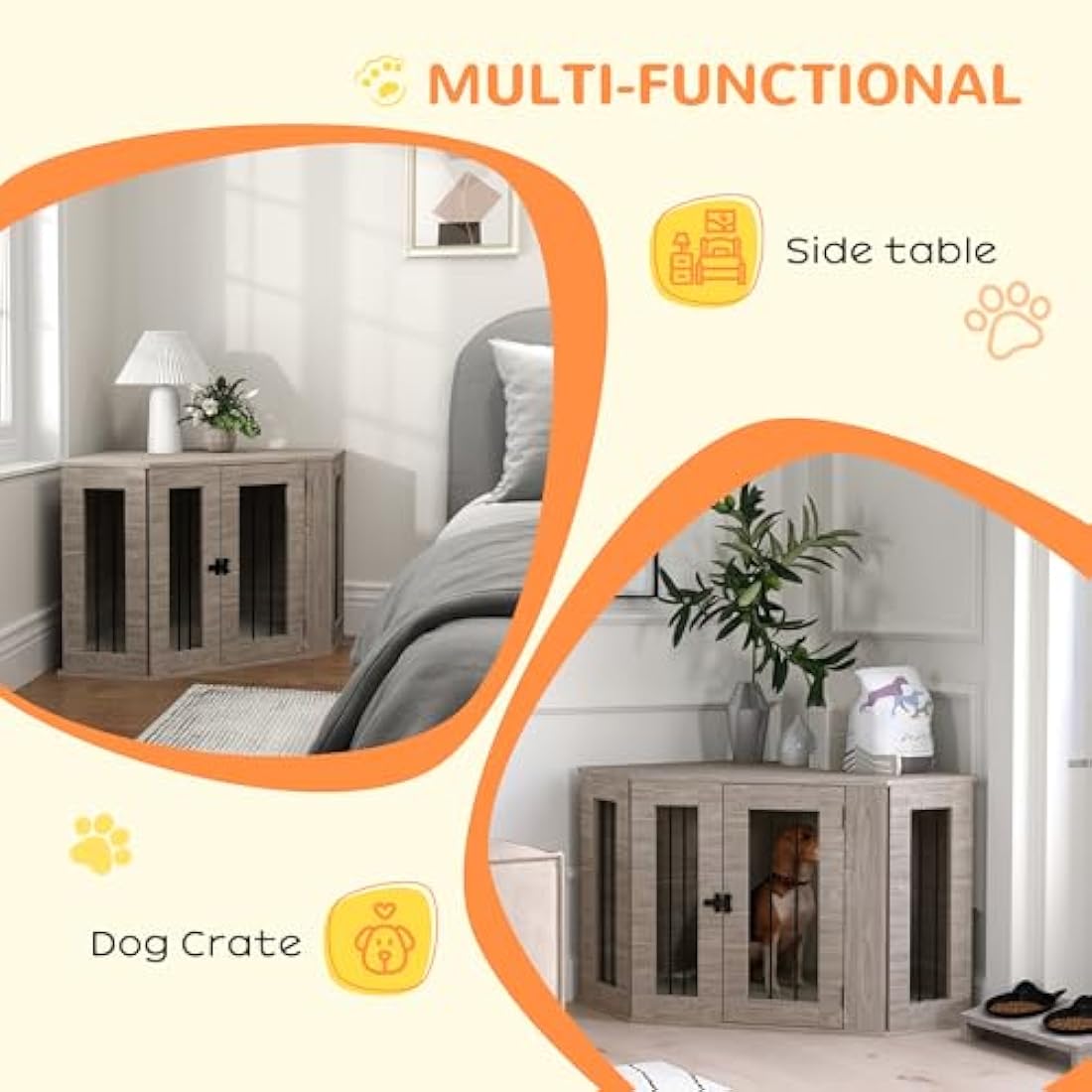 PawHut Dog Crate Furniture – Walnut Brown Side Table Kennel with Cushion