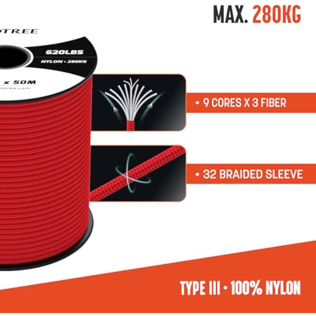 Brotree 4mm 100% Nylon Paracord – 9 Strand 280kg Breaking Load, 100m