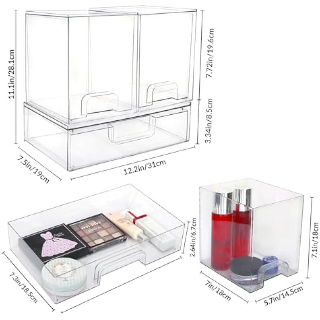 Stackable Clear Plastic Makeup Storage Drawers – 3 Pack