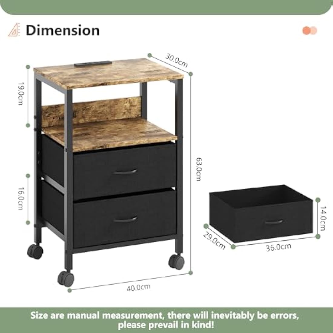 Lutown Bedside Table with Charging Station and 2 Drawers – Rustic Brown