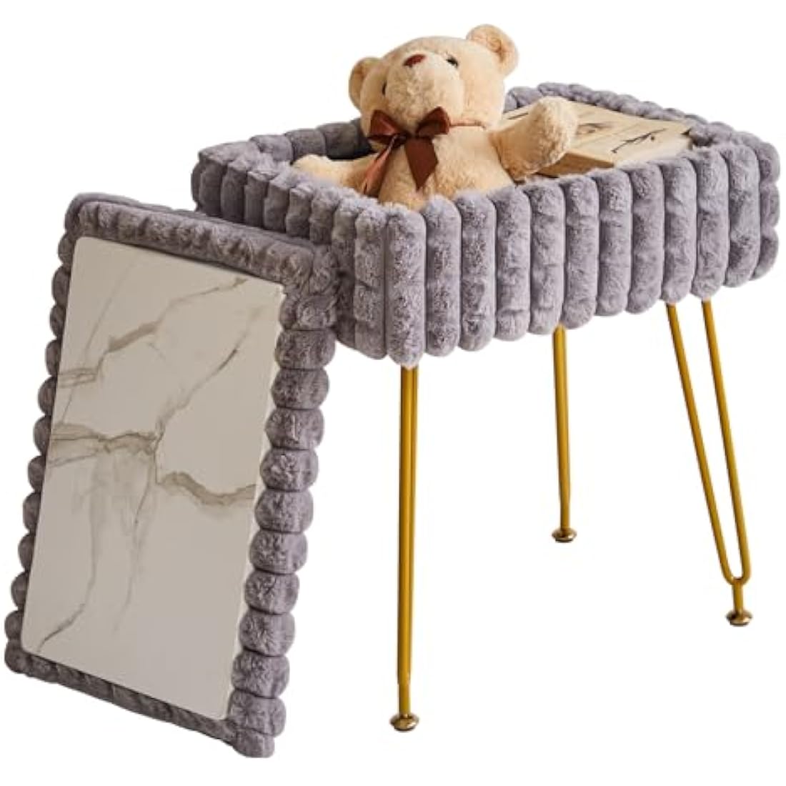IBUYKE Grey Vanity Stool with Storage – Modern Ottoman Footrest Chair