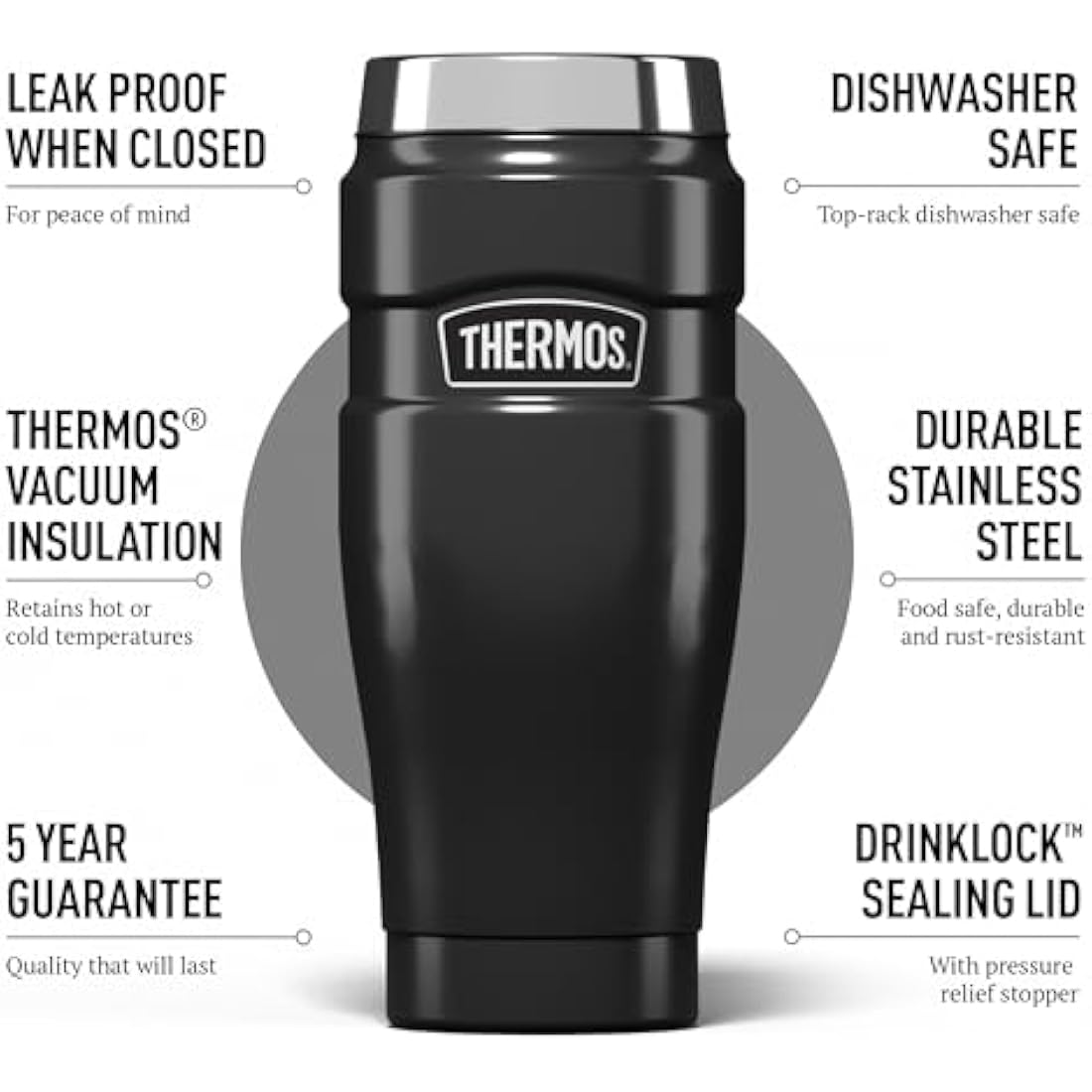 Thermos Stainless King Travel Tumbler – 470ml Insulated Flask in Gun Metal