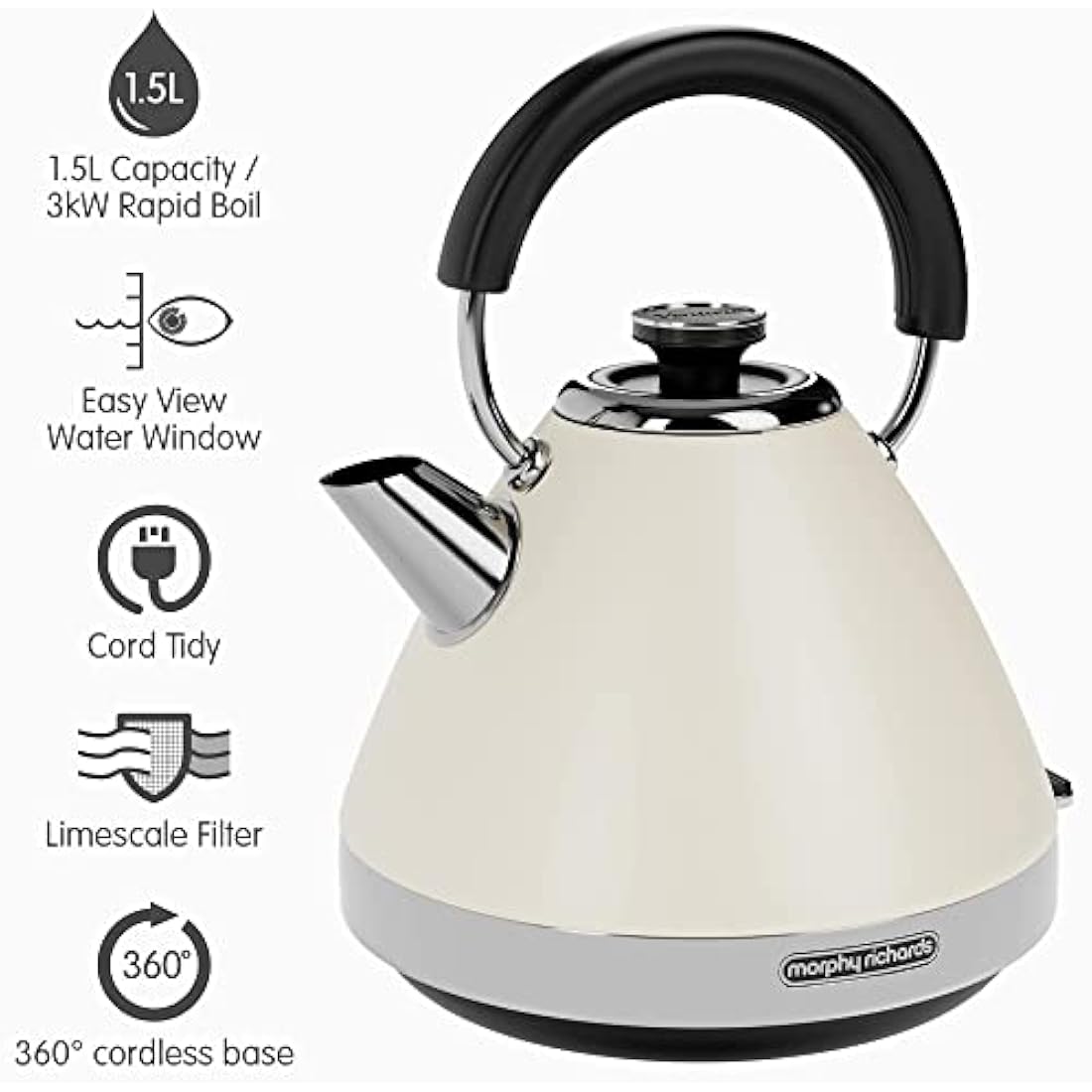 Morphy Richards Venture Pyramid Kettle – 1.5L Rapid Boil – Cream