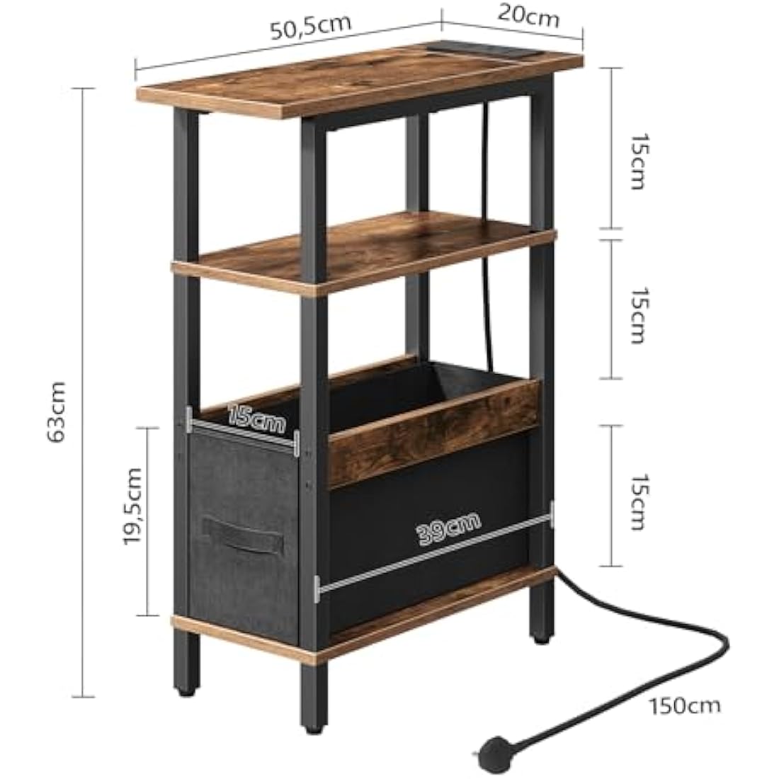 MAHANCRIS Narrow Side Table with Charging Station | 3-Tier Slim End Table