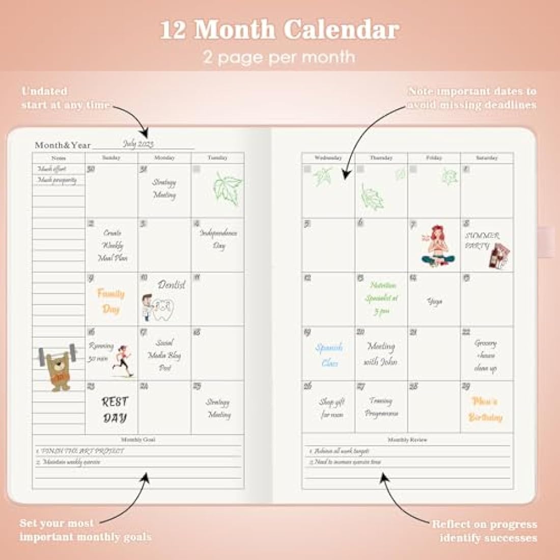 Jolof Store Undated Daily Planner | A5 PU Leather Hourly Agenda, Pink