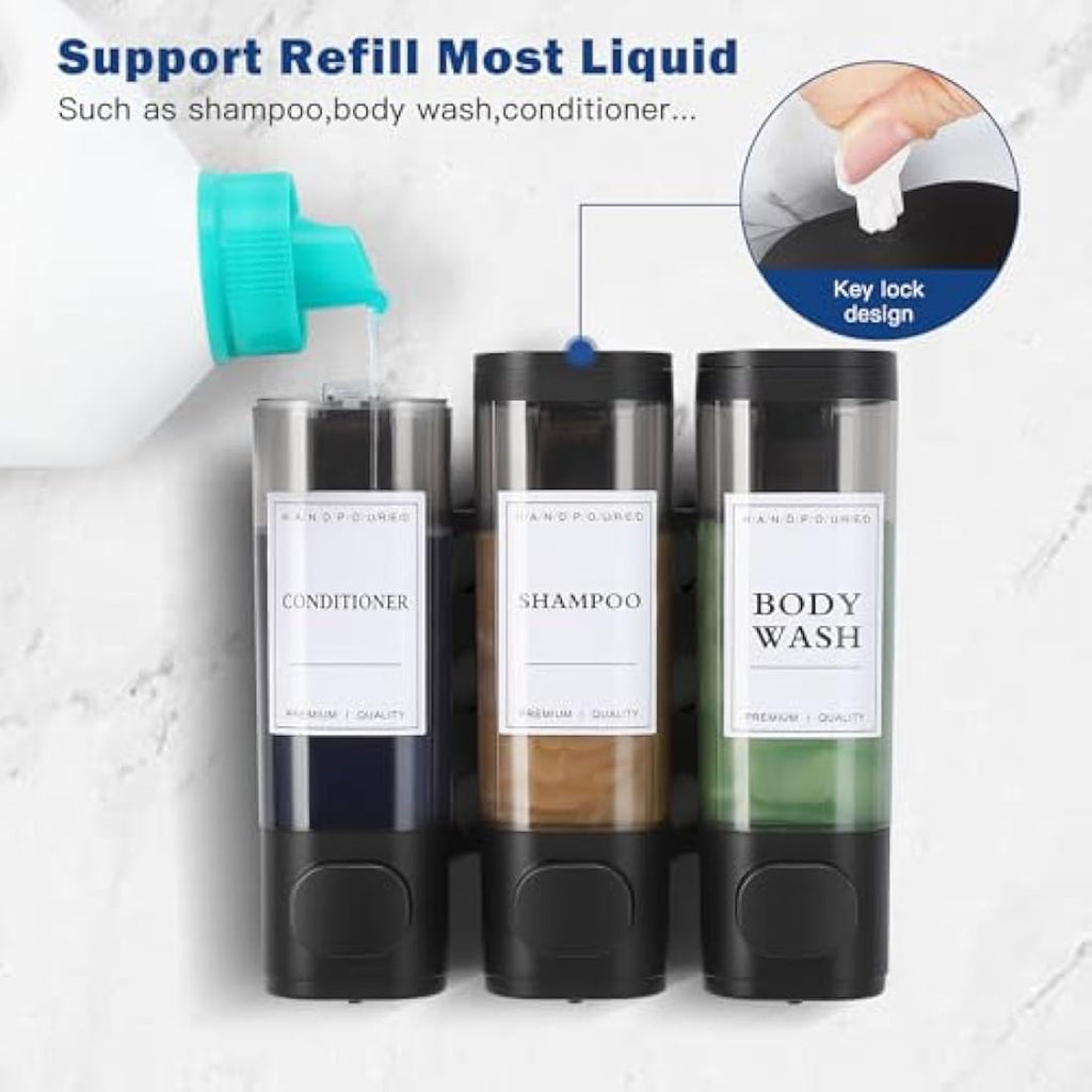 3-Chamber Shower Soap Dispenser | Wall Mounted Black ABS