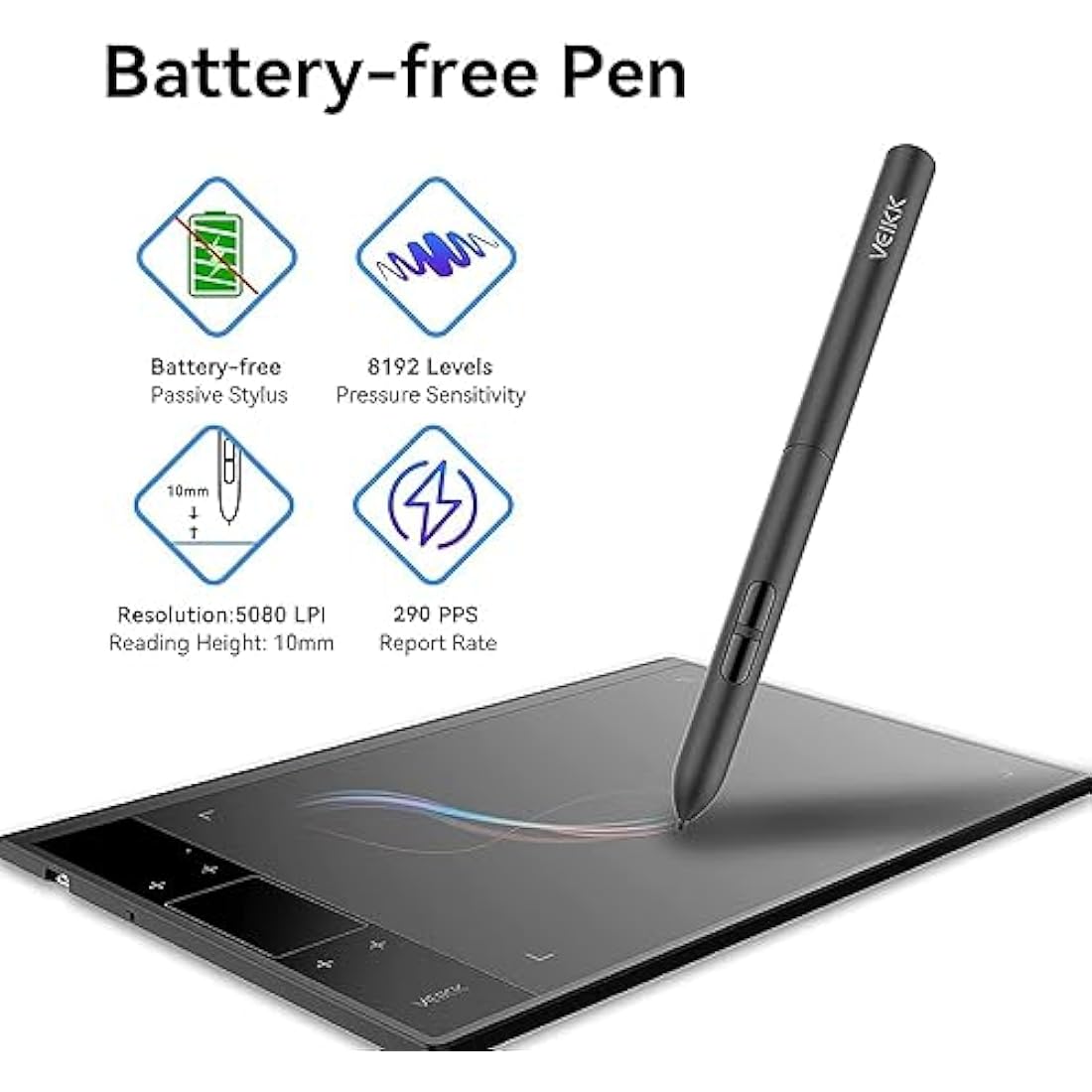 VEIKK A30 Graphic Drawing Tablet – 10x6 Inch Pad with Battery-Free Pen