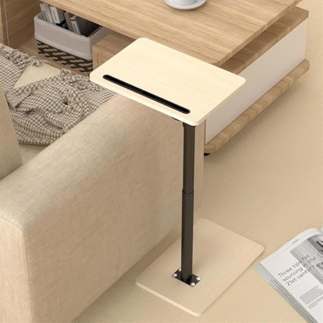 YUHFERA C-Shaped Side Table – Swivel Height Adjustable Oak White