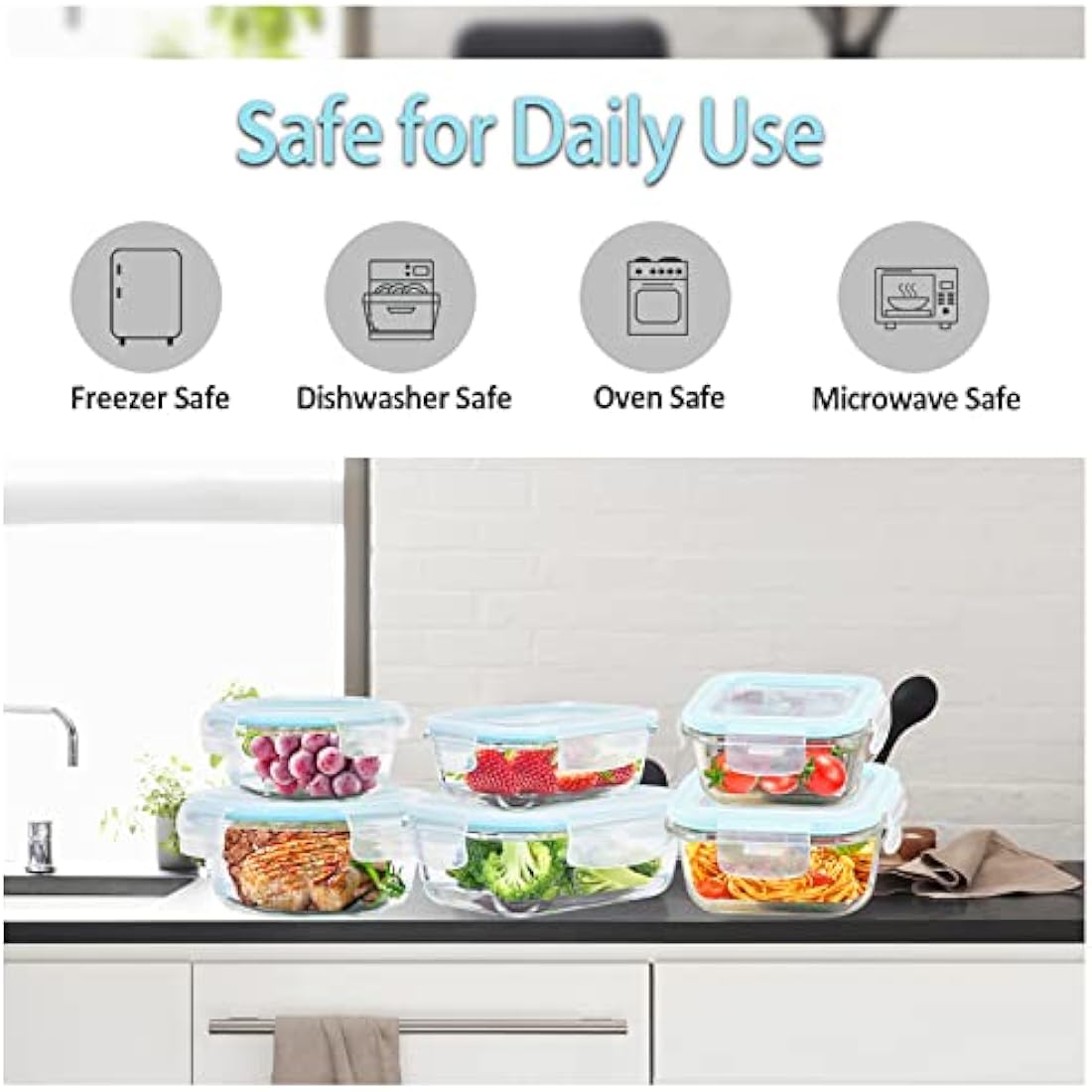 ROSOS 6-Pack Borosilicate Glass Food Storage Containers with Airtight Lids