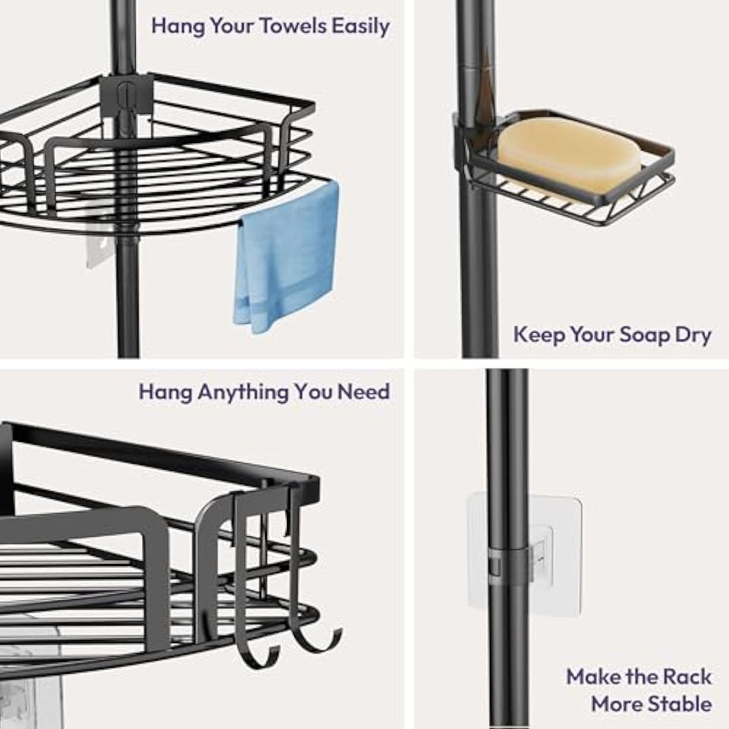 SWTYMIKI Tension Pole Shower Caddy – Rustproof Corner Shelf with 4 Baskets