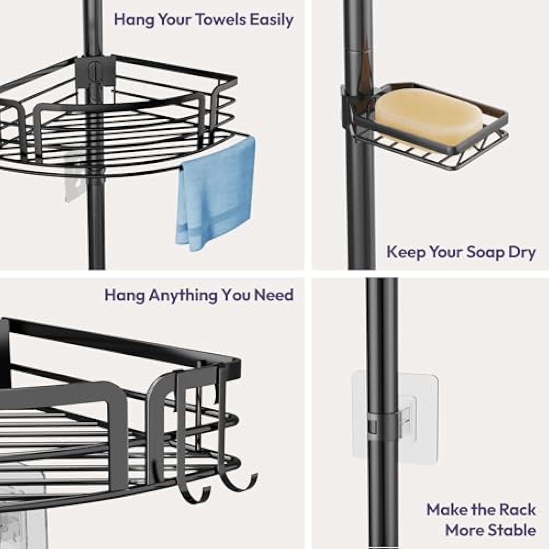 SWTYMIKI Tension Pole Shower Caddy – Rustproof Corner Shelf with 4 Baskets