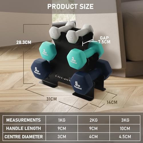 PhysKcal 18kg Neoprene Dumbbells Set with Steel Rack | 1kg, 3kg, 5kg