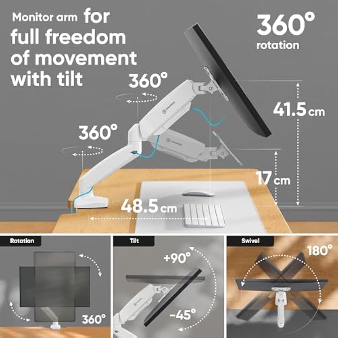 ONKRON G80-W Single Monitor Arm | Gas Spring Desk Mount 13-32" - White