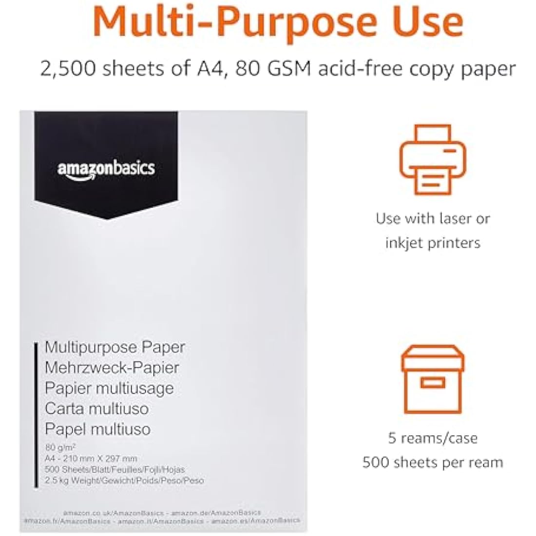 Amazon Basics A4 Printer Paper | 80 GSM Multi-Purpose White - 2500 Sheets