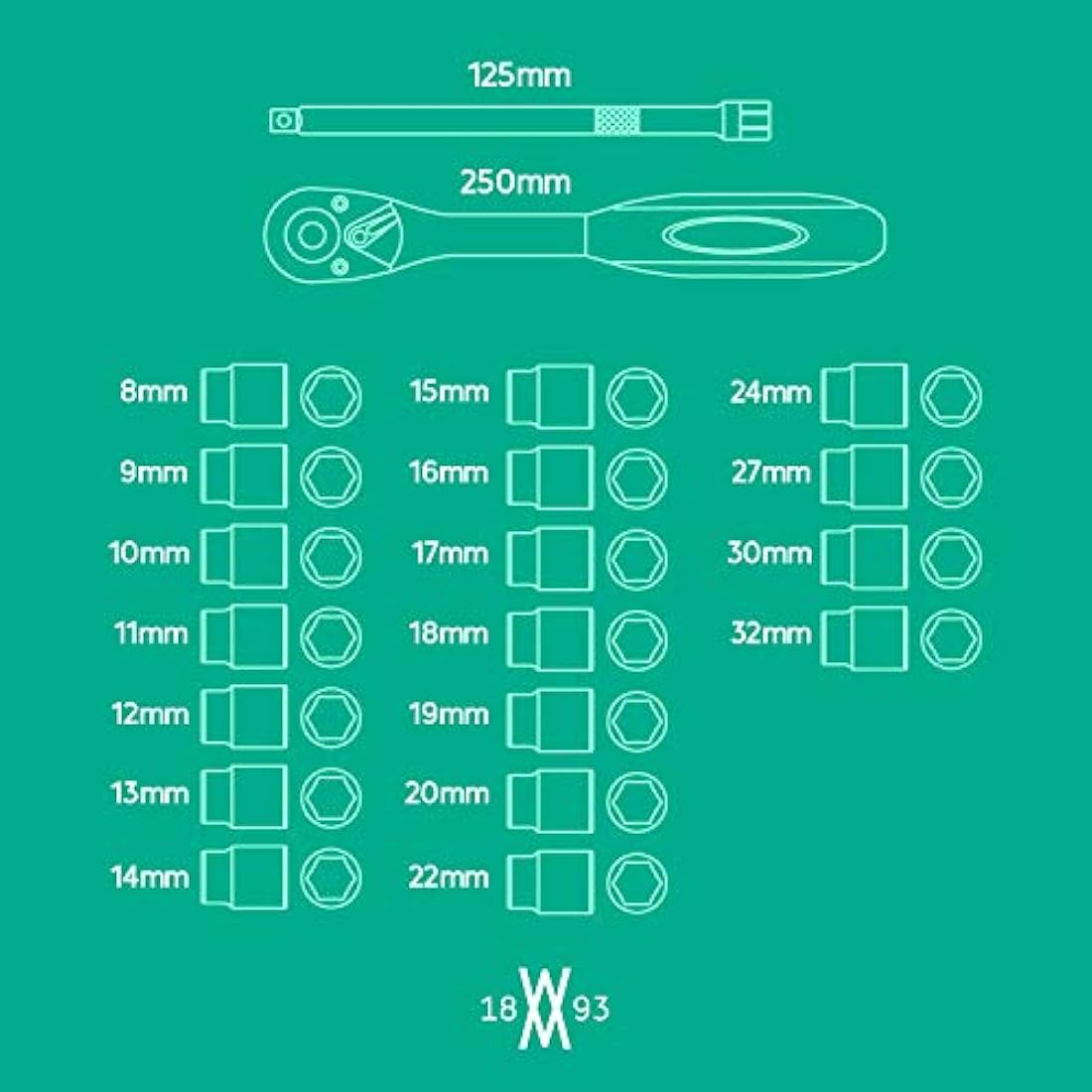 WIESEMANN 1893 Socket Wrench Set | 20-Piece 1/2" Ratchet & Cr-V Steel