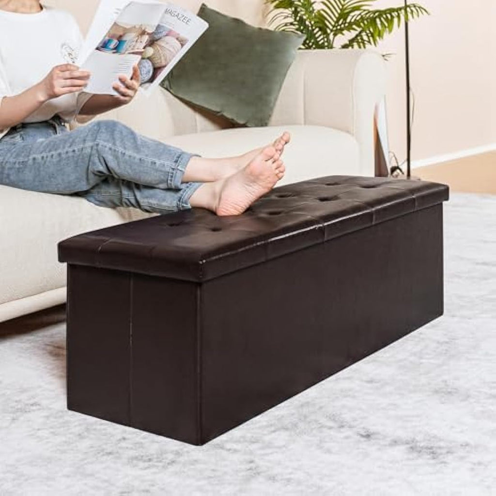 Bonlife Storage Ottoman | 140L Foldable Faux Leather Bed Bench - Brown