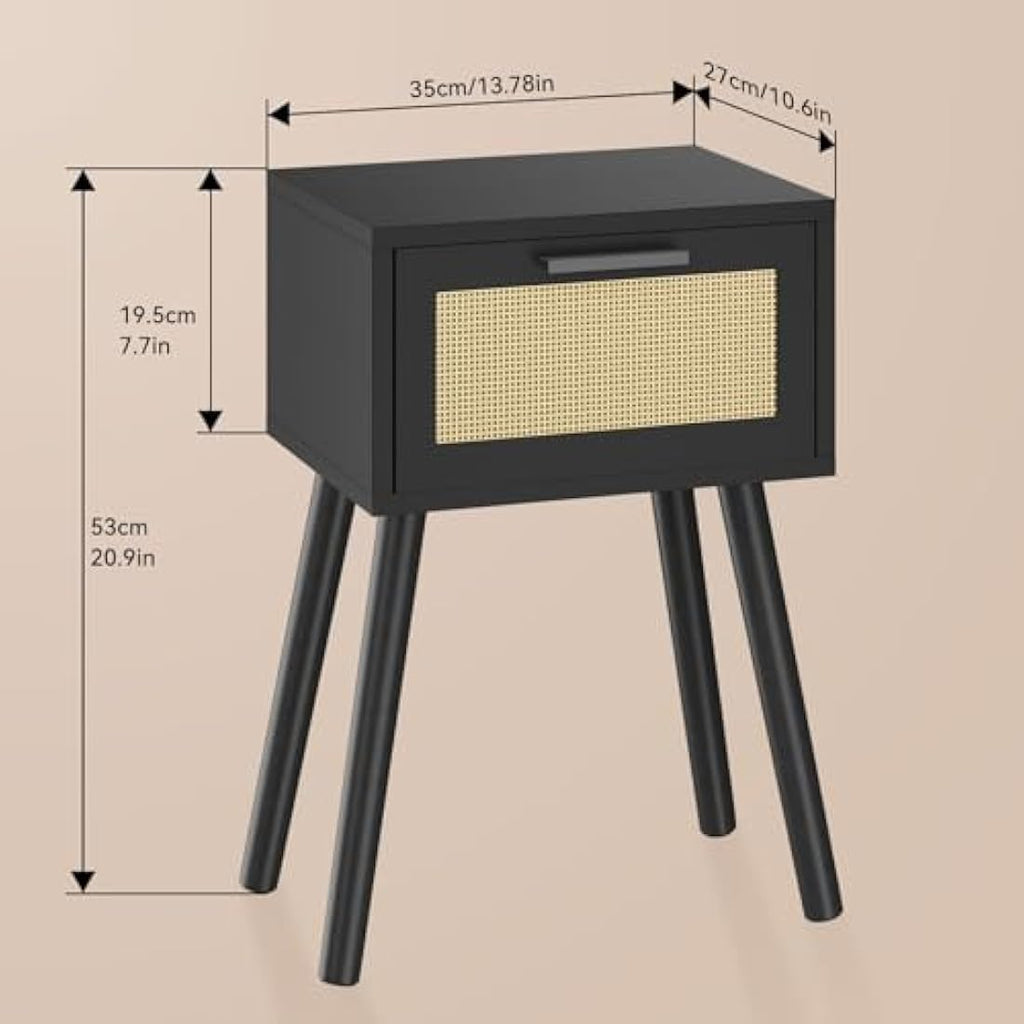 YMYNY Rattan Nightstand Set of 2 | Modern Side Table with Wood Legs