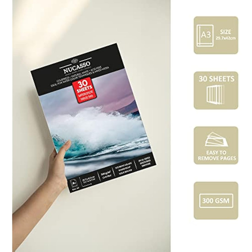 NUCASSO A3 Watercolour Paper Pad - 2 Pack 300 GSM Cold-Pressed