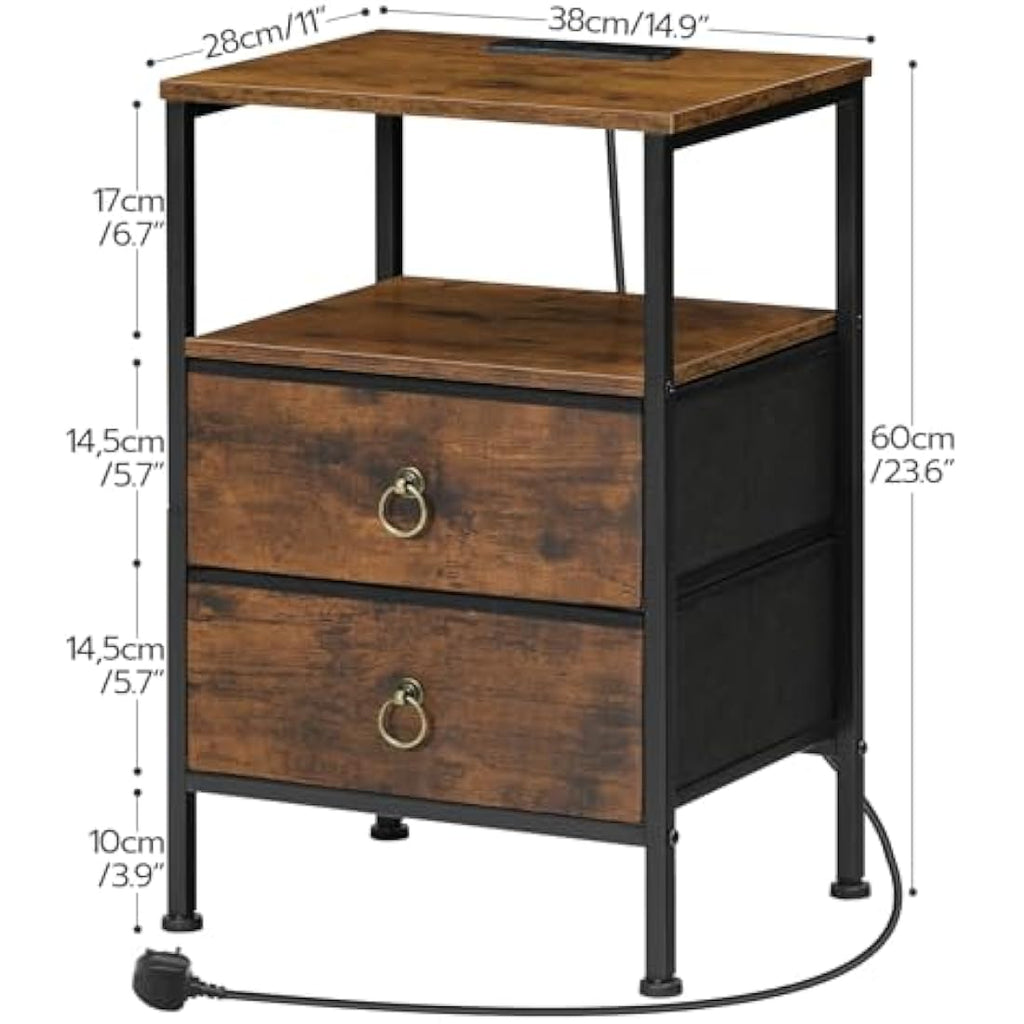 HOOBRO Bedside Table with Charging Station | 2-Drawer Rustic Nightstand