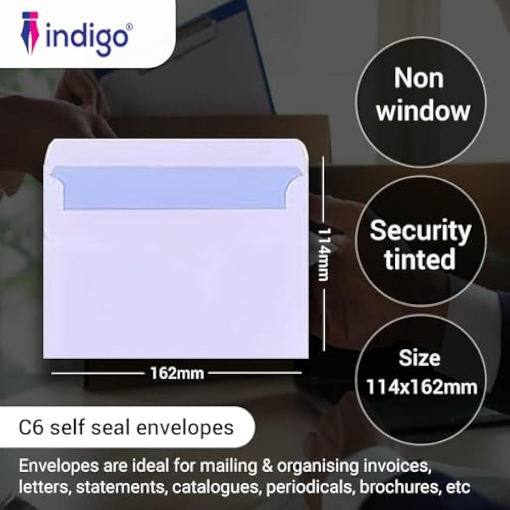 Indigo C6 White Peel & Seal Envelopes – 114 x 162mm (Pack of 500)