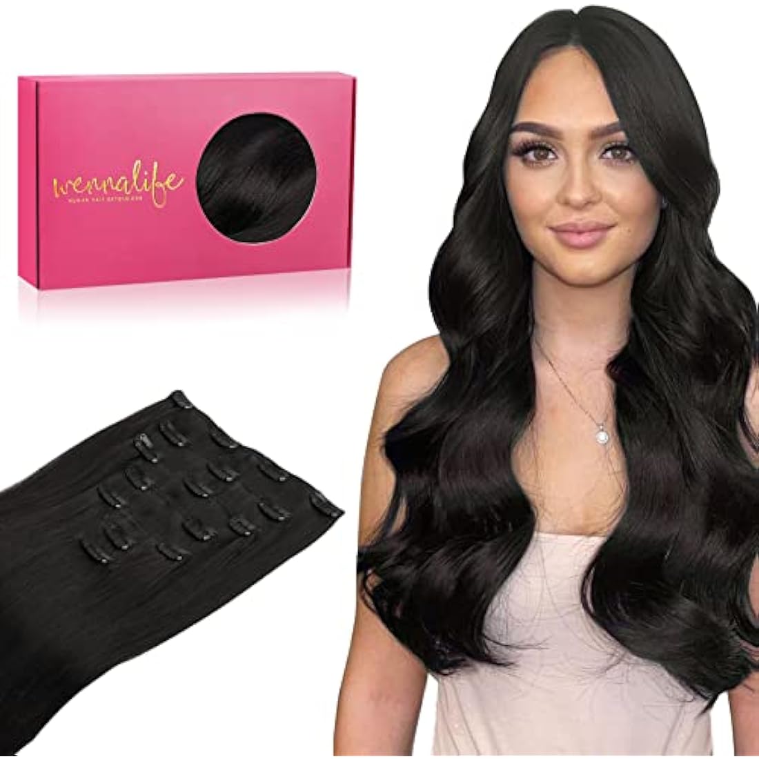 WENNALIFE Remy Human Hair Clip In Extensions | Natural Black 14" 120g