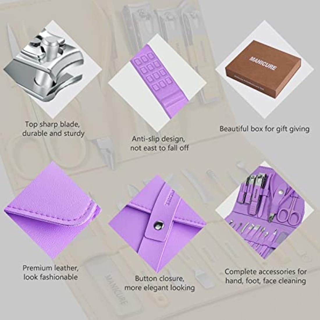 16-Piece Stainless Steel Manicure Set with Leather Case – Violet